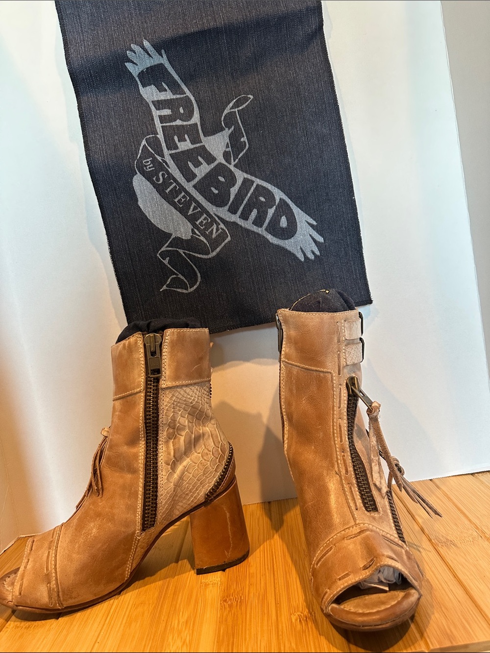508SM - Freebird by Steven Madden Tan Open-Toe Leather Heeled Booties w/ Tassels
